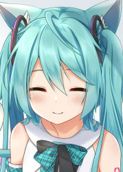 Rule 34 | 1girl, = =, animal ears, aqua hair, bare shoulders, black ribbon, blush, cat day, cat ears, cat girl, cat tail, close-up, detached sleeves, divergenceok, closed eyes, hair ornament, hatsune miku, highres, long hair, magical mirai miku, magical mirai miku (2017), neck ribbon, plaid, plaid ribbon, plaid sleeves, ribbon, shoulder tattoo, smile, tail, tattoo, twintails, vocaloid