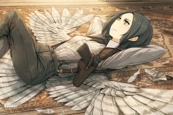 Rule 34 | 1girl, amelia shaw, arms behind head, asterisk kome, black hair, brown eyes, closed mouth, commentary request, crossed legs, feathered wings, feathers, feet out of frame, grey pants, gun, handgun, highres, holster, indoors, long sleeves, lying, on back, pants, rug, shirt, short hair, solo, suspenders, weapon, white shirt, white wings, winged fusiliers, wings