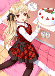 Rule 34 | 1girl, :d, back bow, birthday cake, black bow, black pantyhose, blonde hair, blush, bow, breasts, brown eyes, cake, candle, collared shirt, commentary request, cushion, dress, food, fork, from above, hair between eyes, hair bow, happy birthday, holding, holding candle, indoors, kneeling, kotatsu, long hair, long sleeves, looking at viewer, looking back, open mouth, original, pantyhose, plaid, plaid dress, plate, pleated dress, red dress, revision, shirt, small breasts, smile, solo, table, tukino neru, very long hair, white shirt, zabuton