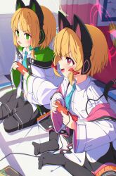 2girls animal_ear_headphones animal_ears black_thighhighs blonde_hair blue_archive blue_necktie blush bow cat_ear_headphones cat_tail collared_shirt commentary controller fake_animal_ears fake_tail fang from_side game_controller green_bow green_eyes green_halo hair_bow halo hasu202mm headphones highres holding holding_controller holding_game_controller indian_style indoors jacket knees_out_of_frame long_sleeves midori_(blue_archive) momoi_(blue_archive) multiple_girls necktie no_shoes open_clothes open_jacket open_mouth pink_halo playing_games red_bow red_eyes school_uniform shirt short_hair siblings sidelocks sisters sitting smile tail teeth thighhighs twins upper_teeth_only v-shaped_eyebrows white_jacket white_shirt wide_sleeves yokozuwari