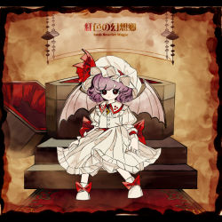 Rule 34 | 1girl, album cover, bat wings, bow, brown background, buttons, clip studio paint (medium), closed mouth, coffin, commission, cover, dress, embodiment of scarlet devil, english text, expressionless, footwear bow, frilled dress, frills, hat, hat ribbon, highres, letterboxed, looking at viewer, mob cap, neruzou, parody, puffy short sleeves, puffy sleeves, purple hair, red bow, red eyes, red ribbon, remilia scarlet, ribbon, second-party source, shoes, short hair, short sleeves, sitting, slit pupils, solo, stairs, title, touhou, white dress, white footwear, white hat, white wings, wings, wrist cuffs