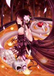 Rule 34 | 1girl, ankle lace-up, ankle ribbon, apple, barefoot, black hair, blush, claws, cross-laced footwear, food, from behind, fruit, hair ornament, highres, leg ribbon, long hair, looking at viewer, looking back, open mouth, original, red eyes, ribbon, sitting, smile, snake, solo, tsukineko, wariza