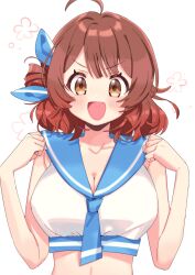 Rule 34 | 1girl, ahoge, bare arms, blush, breasts, brown eyes, brown hair, cleavage, collarbone, commentary request, gakuen idolmaster, hanami ume, highres, idolmaster, large breasts, looking at viewer, mochitsuki kagami, sailor bikini, sailor collar, sailor swimsuit (idolmaster), simple background, smile, solo, upper body, v-shaped eyebrows, white background