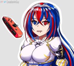 Rule 34 | 1girl, alear (female) (fire emblem), alear (fire emblem), artist name, blue eyes, blue hair, breasts, canadiananiguy, controller, female focus, fire emblem, fire emblem engage, game controller, heterochromia, joy-con, large breasts, matching hair/eyes, multicolored hair, nintendo, patreon logo, red eyes, red hair, simple background, solo, twitter logo, two-tone hair, wall-eyed, white background