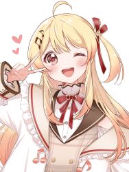 Rule 34 | 1girl, ahoge, blonde hair, blush, brown dress, dress, fortissimo, hair ornament, hair ribbon, heart, highres, hololive, hololive dev is, jacket, long hair, looking at viewer, musical note, musical note hair ornament, one eye closed, one side up, open mouth, osono (jpku7757), otonose kanade, red eyes, red ribbon, ribbon, smile, solo, teeth, upper teeth only, v, virtual youtuber, white jacket