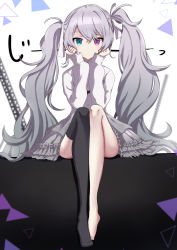Rule 34 | 1girl, 25-ji miku, :&lt;, absurdres, aqua eyes, barefoot, black thighhighs, commentary, dot nose, expressionless, frilled skirt, frills, full body, grey hair, grey skirt, hair ribbon, hands on own chin, hatsune miku, heterochromia, highres, itogari, knees up, legs together, long hair, long sleeves, no shoes, pink eyes, project sekai, ribbon, scaffolding, shirt, simple background, single thighhigh, sitting, skirt, sleeves past wrists, solo, thighhighs, translated, triangle, twintails, vocaloid, white background, white ribbon, white shirt