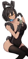 Rule 34 | 1girl, :q, animal ears, banknote, bell, black gloves, black leotard, black thighhighs, blue bow, blush, bow, breasts, cat tail, cleavage, commission, covered navel, gloves, hair between eyes, hand up, highres, hijiki (deriku4), holding, holding money, inuyayo, invisible chair, jingle bell, large breasts, leotard, looking at viewer, money, neck bell, original, rabbit ears, simple background, sitting, skeb commission, smile, solo, strapless, strapless leotard, tail, thighhighs, tongue, tongue out, white background, yellow eyes