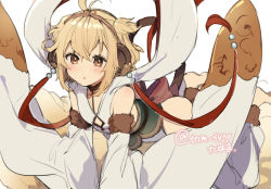 Rule 34 | 1girl, :o, andira (granblue fantasy), animal ears, bare shoulders, barefoot, blonde hair, detached pants, detached sleeves, dress, fur-trimmed sleeves, fur trim, granblue fantasy, ikeuchi tanuma, long sleeves, looking at viewer, monkey ears, monkey girl, monkey tail, parted lips, simple background, sleeveless, sleeveless dress, solo, tail, twitter username, two side up, white background, white dress, white sleeves