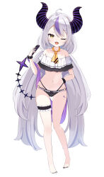 Rule 34 | 1girl, absurdres, ahoge, ascot, bare shoulders, bracelet, cellphone, collarbone, demon girl, demon horns, demon tail, grey hair, highleg, highres, hololive, horns, ichipon1515, jewelry, la+ darknesss, long hair, low twintails, multicolored hair, navel, one eye closed, open mouth, phone, purple hair, smartphone, solo, streaked hair, striped, striped horns, swimsuit, tail, thigh strap, twintails, very long hair, virtual youtuber, white background, yellow eyes
