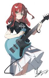 Rule 34 | 1girl, absurdres, black shirt, bocchi the rock!, bracelet, cowboy shot, dated, green eyes, guitar, highres, holding, holding instrument, holding plectrum, instrument, jewelry, kita ikuyo, long hair, looking at viewer, music, one side up, open mouth, playing instrument, pleated skirt, plectrum, qtian, red hair, shirt, short sleeves, signature, simple background, skirt, solo, t-shirt, white background, white skirt