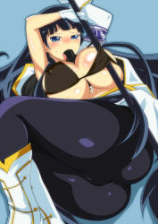 Rule 34 | 10s, 1girl, ass, black hair, blue background, blue eyes, blush, boots, bra, breasts, cameltoe, cleft of venus, covered erect nipples, embarrassed, food, geroika, gloves, highres, hime cut, huge ass, huge breasts, ikaruga (senran kagura), large breasts, long hair, looking at viewer, open mouth, p don, pantyhose, senran kagura, sexually suggestive, shiny clothes, shiny skin, sushi, sweat, tongue, tongue out, underwear