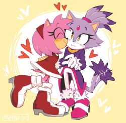 Rule 34 | 2girls, amy rose, animal ears, blaze the cat, blush, cat ears, cat girl, cat tail, closed eyes, dress, eyelashes, forehead jewel, fur-trimmed footwear, fur-trimmed gloves, fur trim, furry, furry female, gloves, gold necklace, heart, hedgehog girl, hedgehog tail, high heels, highres, jacket, jewelry, kiss, kissing cheek, multiple girls, necklace, pants, pink footwear, pink fur, ponytail, purple fur, purple jacket, red dress, red footwear, sonic (series), tail, tail wagging, white gloves, white pants, yellow eyes, yuri, zan0tix