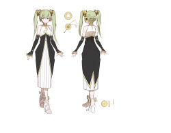 Rule 34 | 1girl, alternate costume, aqua eyes, character sheet, chinese commentary, detached sleeves, from behind, green hair, hatsune miku, headset, high heels, highres, multiple views, open hands, rzx0, smile, twintails, vocaloid, white footwear