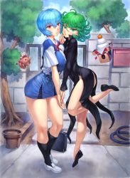 Rule 34 | 2girls, alternate breast size, ayanami rei, black dress, blue hair, chestnut mouth, crossover, curly hair, dress, psychic, fantasy, fence, flipped hair, floating, floating object, flying, food, from side, fruit, full body, glowing, green eyes, green hair, highres, holding hands, hose, levitation, loafers, magic, mandarin orange, mochi, mogudan, multiple girls, neon genesis evangelion, new year, one-punch man, pig, pot, psychic, red eyes, school uniform, shoes, short hair, side slit, standing, stone wall, tatsumaki, telekinesis, tree, wall