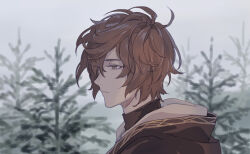 Rule 34 | 1boy, ahoge, artist name, brown eyes, brown hair, commentary request, expressionless, forest, granblue fantasy, hair between eyes, hood, hood down, light frown, looking ahead, male focus, messy hair, nature, pine tree, pota (bluegutty), sandalphon (granblue fantasy), short hair, signature, solo, tree, turtleneck, twitter username, upper body