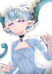 Rule 34 | + +, 1girl, braid, breasts, choker, crown braid, curled horns, dress, fate/grand order, fate/grand order arcade, fate (series), horns, jewelry, larva tiamat (fate), larva tiamat (first ascension) (fate), long hair, long horns, long sleeves, looking at viewer, nanahi tsubaki, parted lips, pendant, pink eyes, pointy ears, ribbed dress, silver hair, small breasts, solo, symbol-shaped pupils, tiamat (fate), white dress