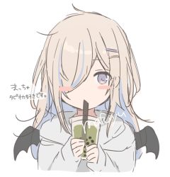 Rule 34 | 1girl, bad id, bad pixiv id, black wings, blue hair, blush stickers, cup, demon wings, disposable cup, drink, drinking straw, grey hoodie, hair ornament, hair over one eye, hairclip, holding, holding cup, hood, hood down, hoodie, light brown hair, long hair, mafuyu (chibi21), multicolored hair, original, purple eyes, signature, simple background, sleeves past wrists, solo, streaked hair, translation request, upper body, white background, wings
