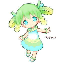 Rule 34 | 1girl, aikei ake, blonde hair, blue dress, blue eyes, blue footwear, braid, braided hair rings, chibi, dress, full body, gradient background, green hair, hair rings, head tilt, highres, original, outstretched arm, personification, sandals, simple background, sleeveless, sleeveless dress, solo, standing, standing on one leg, translation request, white background