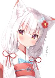 Rule 34 | 1girl, animal ear fluff, animal ears, blue bow, blunt bangs, blush, borrowed character, bow, commentary request, flower, flower knot, fox ears, fox girl, hair flower, hair ornament, hair ribbon, highres, japanese clothes, kimono, looking at viewer, low twintails, matchanear, medium hair, obi, original, parted lips, partial commentary, pink eyes, red sash, ribbon, sash, simple background, solo, twintails, upper body, white background, white kimono