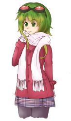 Rule 34 | 1girl, drawfag, goggles, goggles on head, green eyes, green hair, gumi, hair ornament, jacket, matching hair/eyes, mefloraine, nakajima megumi, non-web source, pantyhose, red-tinted eyewear, scarf, short hair, simple background, skirt, smile, solo, tinted eyewear, vocaloid, voice actor connection, white background, white scarf