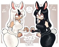 Rule 34 | 2023, 2girls, absurdres, alternate color, animal ears, bags under eyes, bare shoulders, black dress, black hair, black vs white, breasts, chinese zodiac, covered collarbone, cowboy shot, dress, dual persona, elbow gloves, english text, female focus, fingerless gloves, gloves, halftone, halftone background, happy new year, highres, inverted colors, large breasts, long dress, long fingers, long hair, looking at viewer, looking up, multicolored hair, multiple girls, new year, noss (rariatto), original, rabbit, rabbit ears, rabbit tail, rariatto (ganguri), ribbed dress, sanpaku, sidelocks, sleeveless, sleeveless dress, streaked hair, tail, two-tone hair, vampire, wavy mouth, white dress, white hair, white rabbit (animal), year of the rabbit