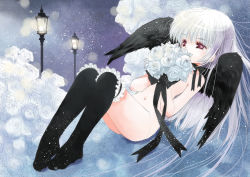 Rule 34 | 00s, black wings, boots, doll joints, feet, flower, hato rami, joints, lamppost, navel, nude, purple eyes, rami, red eyes, rozen maiden, solo, suigintou, thigh boots, thighhighs, white hair, wings