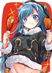 Rule 34 | + +, 1girl, :t, black headwear, blue eyes, blue hair, border, bottomless, breasts, closed mouth, eating, food, food on face, fur trim, groin, highres, himemushi momoyo, holding, holding food, long hair, long sleeves, looking at viewer, medium breasts, meimei (meimei89008309), navel, red background, simple background, smile, solo, touhou, upper body, white border