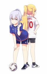 Rule 34 | 2girls, alternate hairstyle, ball, bike shorts, black legwear, blonde hair, blue legwear, character name, clothes writing, commentary request, cross hair ornament, from behind, full body, gabriel dropout, gabriel tenma white, gym shorts, hair ornament, hand on own hip, hand on own knee, light purple hair, long hair, looking back, multiple girls, ponytail, profile, purple eyes, raphiel shiraha ainsworth, shoes, shorts, simple background, sneakers, soccer ball, soccer uniform, socks, sportswear, standing, ukami, white background, yellow eyes