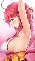 Rule 34 | 1girl, absurdres, adjusting hair, ahoge, arm up, armpits, breasts, closed mouth, commentary request, gradient background, green eyes, hair ornament, highres, hololive, large breasts, long hair, looking at viewer, panbai, pink background, pink hair, profile, sakura miko, sakura miko (1st costume), sash, sideboob, smile, solo, sweat, upper body, virtual youtuber, x hair ornament