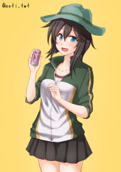 Rule 34 | 1girl, anti (untea9), black hair, black skirt, blue eyes, can, commentary request, cowboy shot, drink can, green hat, hat, hayasui (kancolle), highres, jacket, kantai collection, looking at viewer, multicolored clothes, multicolored jacket, open mouth, pleated skirt, shirt, short hair, simple background, skirt, smile, soda can, solo, standing, twitter username, white shirt, yellow background