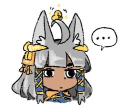 Rule 34 | ..., 1girl, ahoge, animal, animal ears, animal on head, anubis (monster girl encyclopedia), bird, bird on head, black eyes, blunt bangs, chick, chick on head, closed mouth, commentary, dark-skinned female, dark skin, english commentary, grey hair, hair ornament, jewelry, jitome, latenight, looking at viewer, lowres, monster girl encyclopedia, motion lines, on head, portrait, solo, sparkle, spoken ellipsis, wolf ears