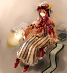 Rule 34 | 1girl, bad id, bad pixiv id, book, capelet, coat, crescent, crescent hair ornament, fireball, grimoire, hair ornament, hair ribbon, hat, jan (lightdragoon), long hair, long sleeves, mob cap, open clothes, open coat, panties, patchouli knowledge, purple eyes, purple hair, ribbon, scroll, sitting, solo, striped clothes, striped panties, touhou, tress ribbon, underwear, very long hair, wide sleeves