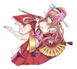 Rule 34 | 1girl, barefoot, blue eyes, breasts, cleavage, downblouse, flower, from above, full body, hair flower, hair ornament, hand fan, headphones, japanese clothes, jewelry, kimono, kiseru, large breasts, legs, long hair, maruyama, megurine luka, necklace, obi, oiran, pendant, pink hair, sash, simple background, smoking pipe, solo, thighs, very long hair, vocaloid