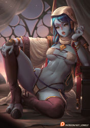 Rule 34 | 1girl, alien, armlet, armor, bangle, bikini, black nails, blue hair, blue skin, bracelet, breasts, cloak, colored skin, commentary, covered erect nipples, digitigrade, english commentary, eyelashes, eyepatch bikini, fewer digits, fingernails, green eyes, highleg, highleg bikini, highres, hood, hooded cloak, hooves, japanese armor, jewelry, kote, lips, looking at viewer, medium breasts, micro bikini, multi-tied hair, nail polish, naughty face, navel, no nose, open mouth, over-kneehighs, paid reward available, pink lips, pinup (style), puckered lips, purple thighhighs, sgt lonely, sharp fingernails, solid eyes, solo, spread legs, stirrup legwear, swimsuit, t&#039;au, thighhighs, toeless legwear, toned, underboob, warhammer 40k, white bikini, white hood