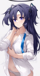 Rule 34 | 1girl, absurdres, black hair, blue archive, blush, breasts, collarbone, collared shirt, cowboy shot, dress shirt, erdongjinming, grey panties, halo, highres, long hair, long sleeves, looking at viewer, no bra, open clothes, open shirt, panties, parted lips, purple eyes, shirt, simple background, small breasts, solo, two side up, underwear, white background, white shirt, yuuka (blue archive)
