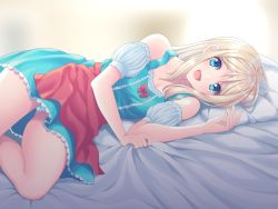 Rule 34 | 1girl, :d, apron, bare arms, bare shoulders, bed sheet, blonde hair, blue dress, blue eyes, bow, breasts, cleavage, collarbone, commentary request, detached sleeves, dragon quest, dragon quest xi, dress, emma (dq11), eyelashes, fujimura hinami, hair between eyes, highres, long hair, looking at viewer, lying, on side, open mouth, pink apron, pink bow, puffy detached sleeves, puffy short sleeves, puffy sleeves, sheet grab, short sleeves, smile, solo, straight hair, waist apron