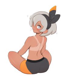 Rule 34 | 1girl, absurdres, ass, back, bea (pokemon), bike shorts, black hairband, black ribbon, blush, creatures (company), dark-skinned female, dark skin, dimples of venus, from behind, full body, game freak, grey eyes, hair over one eye, hair ribbon, hairband, highres, looking at viewer, looking back, motion lines, nintendo, parted lips, pokemon, pokemon swsh, pudgeruffian, ribbon, short hair, silver hair, simple background, sitting, solo, tan, tanline, topless, white background