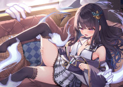 Rule 34 | 1girl, bare shoulders, black hair, black thighhighs, blush, commentary request, copyright request, couch, detached sleeves, hair ornament, hand on own thigh, hand on thigh, highres, indoors, jewelry, long hair, looking away, mizuiro raika, necklace, open mouth, over-kneehighs, pink eyes, sitting, solo, thighhighs, thighs