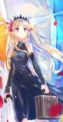 Rule 34 | 1girl, adapted costume, black dress, black sleeves, blonde hair, bow, detached sleeves, diadem, dress, earrings, ereshkigal (fate), ereshkigal (third ascension) (fate), fate/grand order, fate (series), floating hair, hair bow, holding, holding umbrella, jewelry, long hair, long sleeves, petals, red bow, red eyes, sleeveless, sleeveless dress, smile, solo, standing, suitcase, twintails, two side up, umbrella, very long hair, virus (obsession)