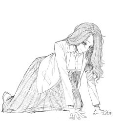 Rule 34 | 1girl, all fours, bags under eyes, bent over, closed mouth, copyright request, head tilt, highres, jacket, long hair, long skirt, looking at viewer, pieck finger, pleated skirt, ratatatat74, seductive smile, shoes, simple background, sketch, skirt, smile, solo, white background
