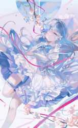 Rule 34 | 1girl, ayaka (genshin impact), blue bow, blue bowtie, blue butterfly, blue eyes, blue hair, blue ribbon, bow, bowtie, branch, bridal garter, bug, butterfly, cherry blossoms, choker, closed mouth, dress, feet out of frame, flower, frilled dress, frills, genshin impact, hair bow, highres, holding, hyatsu, insect, leg up, long hair, long sleeves, looking at viewer, parted lips, petals, pink flower, puffy sleeves, ribbon, solo, thigh strap, white bow, white dress