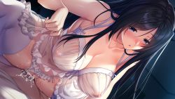 Rule 34 | 1girl, azarashi soft, bed, black hair, blue eyes, blush, boku to kanojo no kojin lesson, breasts, censored, cleavage, clothing aside, cowgirl position, cum, cum in pussy, embarrassed, frills, from below, game cg, girl on top, groin, highres, hinazuka ryou, indoors, large breasts, legs, lifting own clothes, lingerie, long hair, lying, mosaic censoring, nipples, on bed, panties, panties aside, parted bangs, parted lips, penis, pussy, see-through, sex, straddling, sweat, thighhighs, thighs, tsukimori misaki, underwear, vaginal