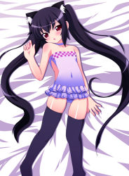 Rule 34 | animal ears, black hair, blush, cat ears, chirorian, flat chest, kooh, long hair, pangya, red eyes, solo, swimsuit, thighhighs, twintails