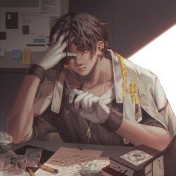 Rule 34 | 1boy, arknights, black hair, blood, blood on face, blood on gloves, book, bulletin board, commentary, crumpled paper, dark-skinned male, dark skin, english commentary, gloves, hand on own face, highres, holding, holding pen, jacket, jewelry, male focus, manjyufroth, necklace, nosebleed, paper, parted lips, pen, shirt, solo, thorns (arknights), tissue, upper body, vial, white gloves