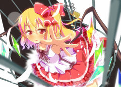 Rule 34 | 1girl, birdcage, blonde hair, blush, bow, cage, fang, flandre scarlet, hair bow, lock, looking at viewer, open mouth, outstretched arm, outstretched hand, padlock, red eyes, shirt, side ponytail, skirt, solo, touhou, wings, yuimari