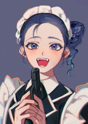 Rule 34 | 1girl, :d, apron, black dress, dress, finger on trigger, gradient hair, grey background, gun, handgun, highres, holding, holding gun, holding weapon, identity v, looking at viewer, maid apron, maid headdress, multicolored hair, one side up, open mouth, pistol, purple hair, short hair, simple background, smile, solo, two-handed, weapon, white apron, yp (pypy 5 )