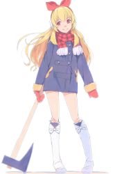 Rule 34 | 1girl, aikatsu!, aikatsu! (series), akinbo (hyouka fuyou), axe, blonde hair, blue coat, boots, bow, coat, contrapposto, full body, gloves, hair bow, hairband, highres, holding, holding axe, hoshimiya ichigo, long hair, looking to the side, mittens, red bow, red eyes, red gloves, red hairband, red scarf, scarf, simple background, solo, standing, very long hair, white background, white footwear, winter clothes, winter coat