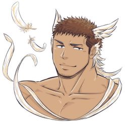 Rule 34 | 1boy, animal ears, bara, bird ears, brown eyes, brown hair, closed mouth, commentary request, cropped torso, dark-skinned male, dark skin, facial hair, feathers, goatee, head wings, hermes (housamo), male focus, muscular, muscular male, porkjinta, portrait, short hair, sideburns, simple background, smile, smirk, solo, tokyo houkago summoners, white background, wings