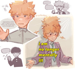 Rule 34 | 2boys, black hair, blank speech bubble, blazer, blonde hair, blush, chinese text, closed mouth, collared shirt, commentary, english commentary, english text, gakuran, hanazawa teruki, highres, holding, holding phone, jacket, kageyama shigeo, long sleeves, looking at viewer, male focus, mob psycho 100, mp100days, multiple boys, necktie, open mouth, phone, purple jacket, school uniform, shirt, short hair, smile, speech bubble, translation request, tumblr username, upper body, white background, white shirt