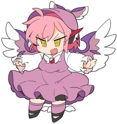 Rule 34 | 1girl, animal ears, bird ears, bird wings, black footwear, blush, brown dress, brown hat, brown socks, dress, earrings, fang, full body, hat, ini (inunabe00), jewelry, kneehighs, long sleeves, mystia lorelei, open mouth, outstretched arms, pink hair, shoes, short hair, simple background, single earring, skin fang, smile, socks, solo, spread arms, touhou, white background, white wings, winged footwear, winged hat, wings, yellow eyes